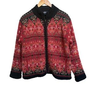 Icelandic Design Wool Blend Full Zip Cardigan Sweater Red Nordic Fair Isle M